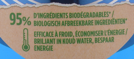 etiket van dreft afwasmiddel met "briljant in koud water, bespaar energie"